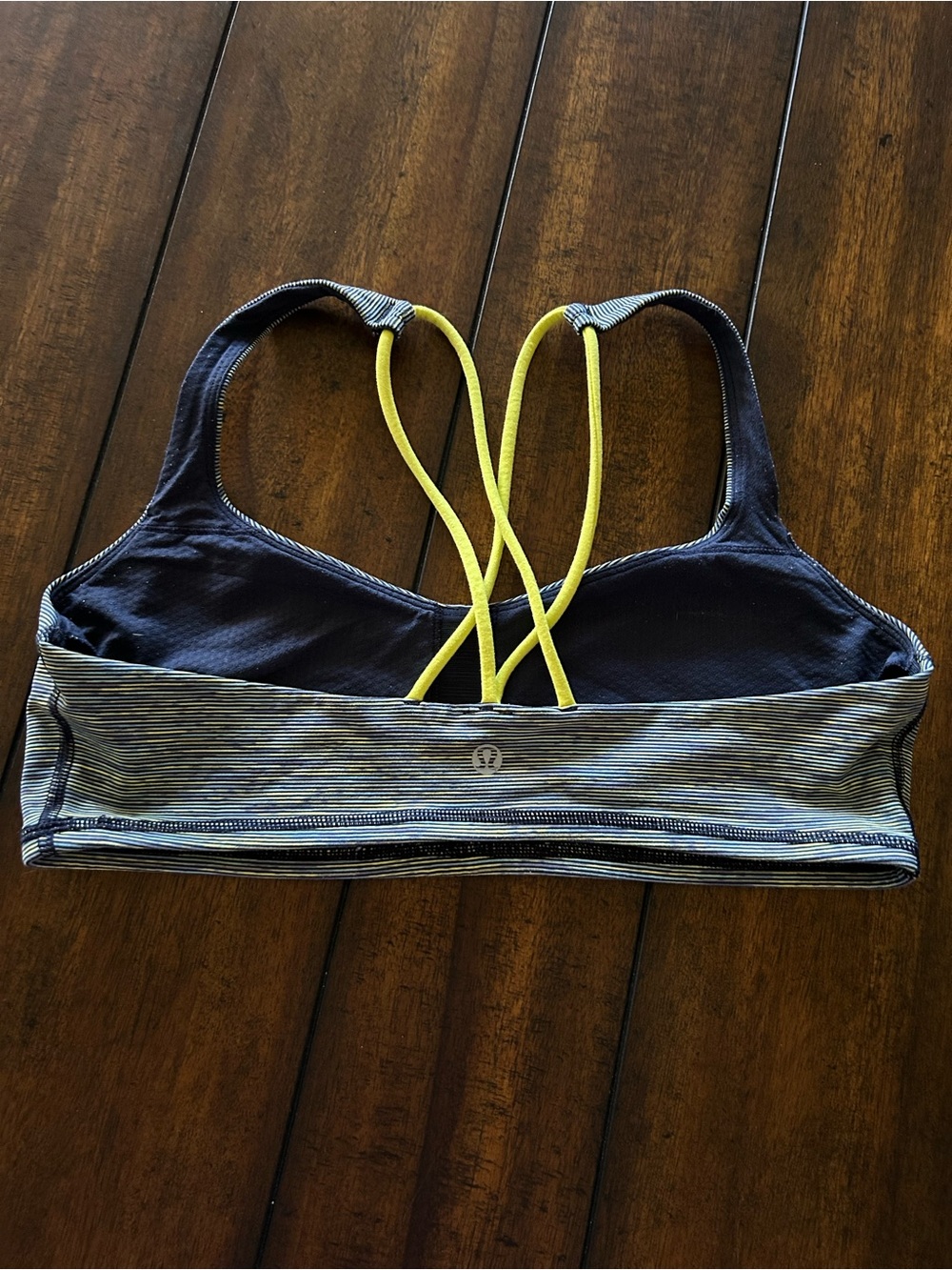 lululemon athletica Gray Striped Sports Bra with Neon Yellow Crisscross Straps - Picture 4 of 6